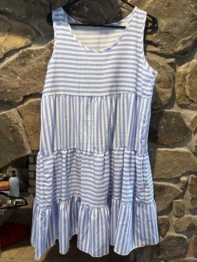 SHEIN Light Blue & White Striped Tiered Sleeveless Midi Dress